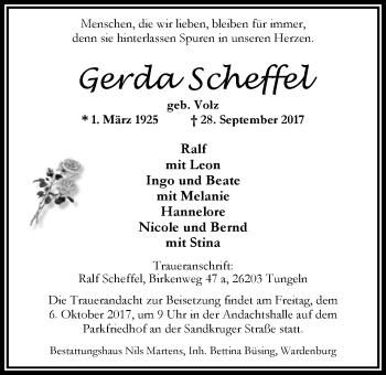 Traueranzeige von Gerda Scheffel von Nordwest-Zeitung