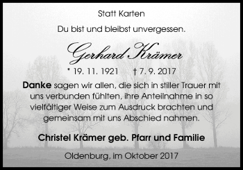 Traueranzeige von Gerhard Krämer von Nordwest-Zeitung