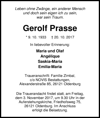 Traueranzeige von Gerolf Prasse von Nordwest-Zeitung