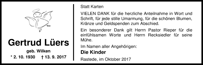  Traueranzeige für Gertrud Lüers vom 28.10.2017 aus Nordwest-Zeitung
