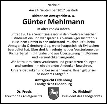 Traueranzeige von Günter Mehlmann von Nordwest-Zeitung