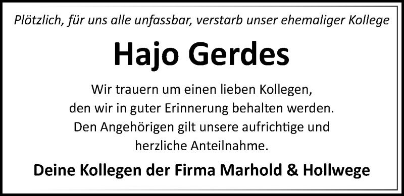  Traueranzeige für Hajo Gerdes vom 09.10.2017 aus Nordwest-Zeitung