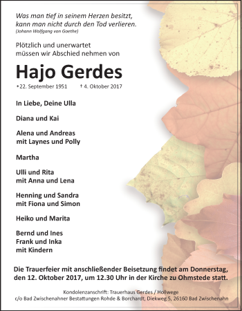Traueranzeige von Hajo Gerdes von Nordwest-Zeitung