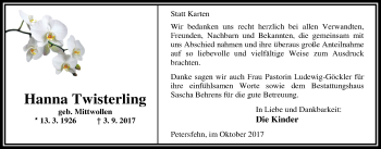 Traueranzeige von Hanna Twisterling von Nordwest-Zeitung
