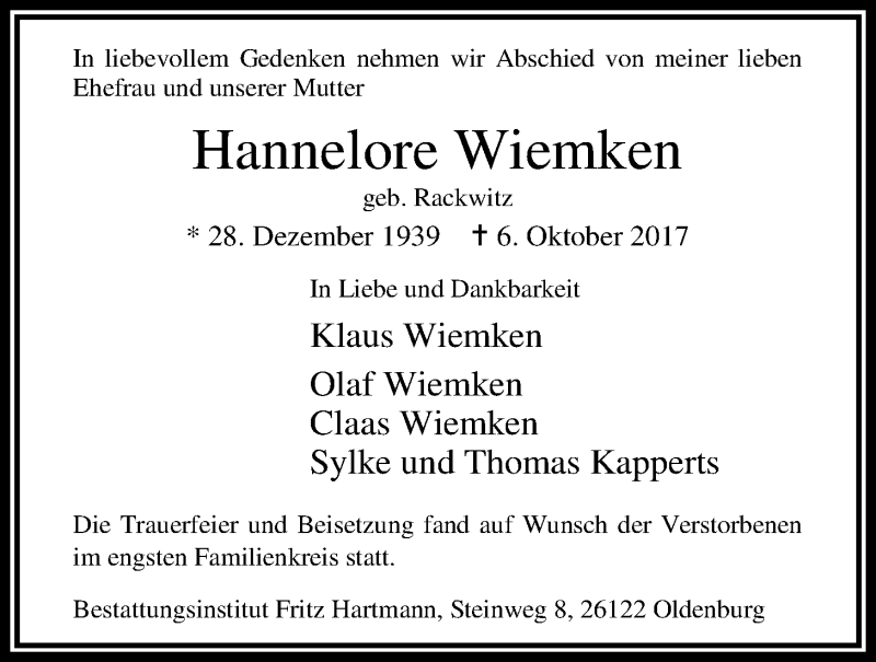  Traueranzeige für Hannelore Wiemken vom 19.10.2017 aus Nordwest-Zeitung