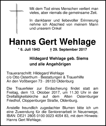 Traueranzeige von Hanns Gert Wehlage von Nordwest-Zeitung