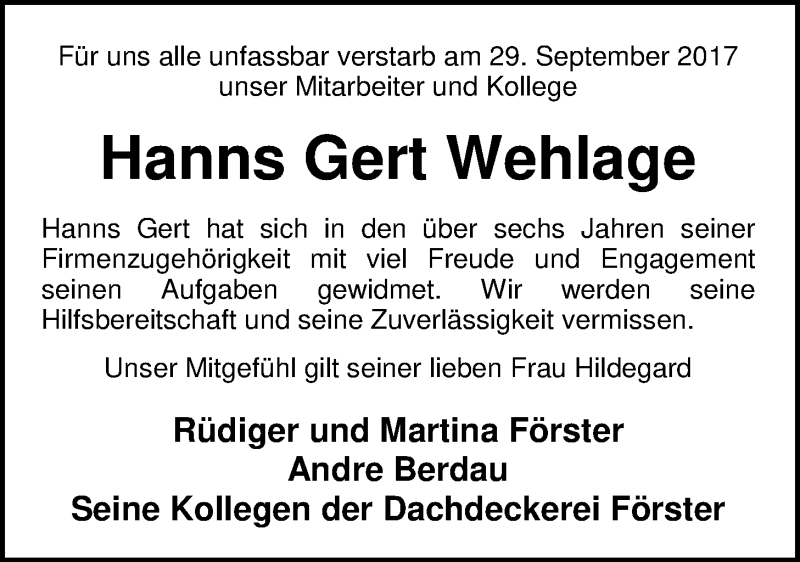  Traueranzeige für Hanns Gert Wehlage vom 06.10.2017 aus Nordwest-Zeitung
