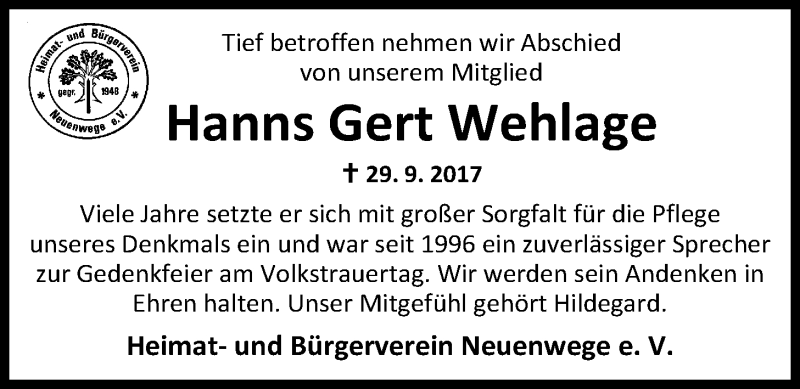  Traueranzeige für Hanns Gert Wehlage vom 06.10.2017 aus Nordwest-Zeitung
