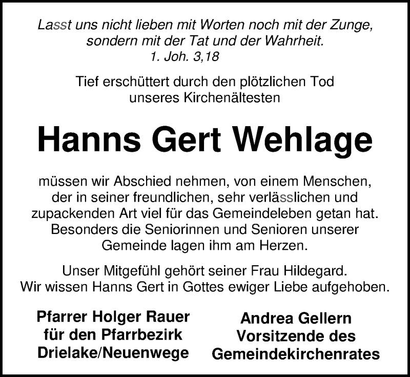  Traueranzeige für Hanns Gert Wehlage vom 06.10.2017 aus Nordwest-Zeitung