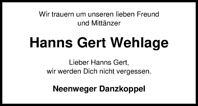  Traueranzeige für Hanns Gert Wehlage vom 06.10.2017 aus Nordwest-Zeitung