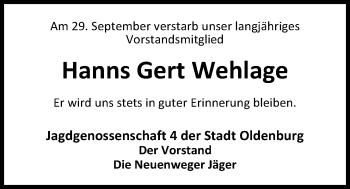 Traueranzeige von Hanns Gert Wehlage von Nordwest-Zeitung