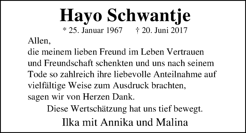  Traueranzeige für Hayo Schwantje vom 28.10.2017 aus Nordwest-Zeitung