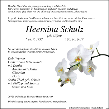 Traueranzeige von Heersina Schulz von Nordwest-Zeitung