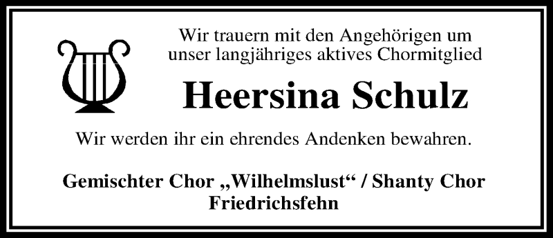  Traueranzeige für Heersina Schulz vom 28.10.2017 aus Nordwest-Zeitung