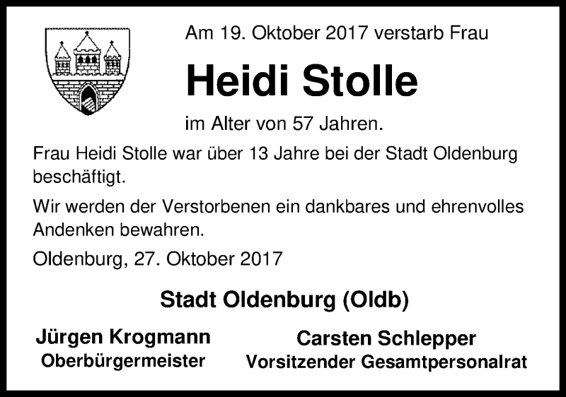  Traueranzeige für Heidi Stolle vom 28.10.2017 aus Nordwest-Zeitung