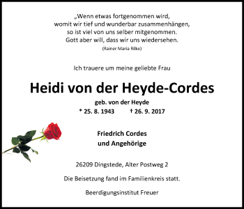 Traueranzeige von Heidi von der Heyde-Cordes von Nordwest-Zeitung