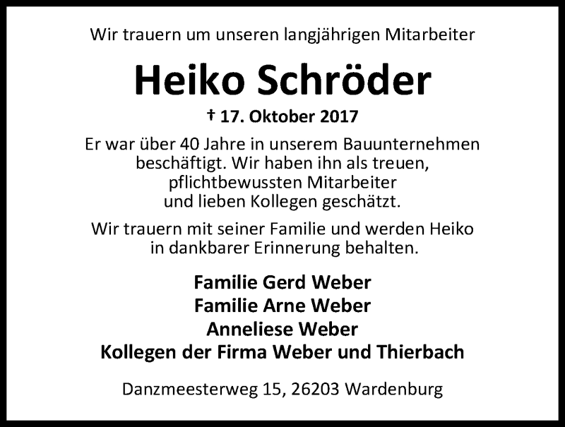  Traueranzeige für Heiko Schröder vom 20.10.2017 aus Nordwest-Zeitung