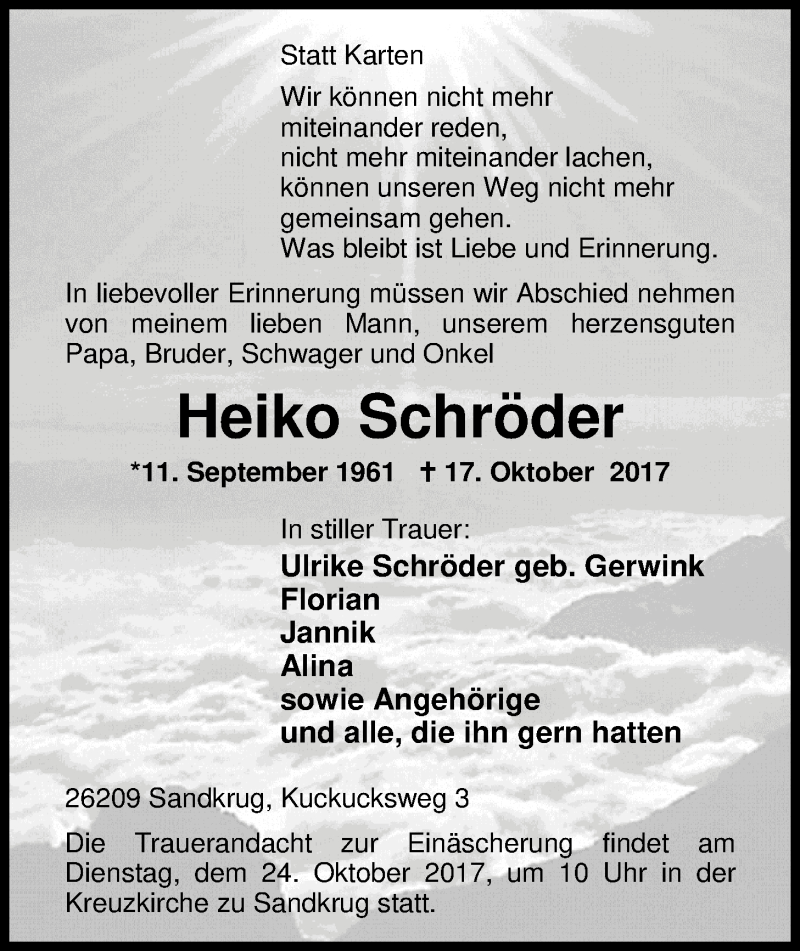  Traueranzeige für Heiko Schröder vom 21.10.2017 aus Nordwest-Zeitung