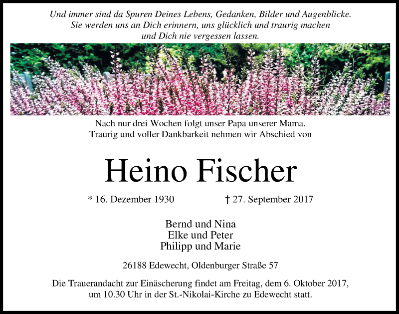  Traueranzeige für Heino Fischer vom 02.10.2017 aus Nordwest-Zeitung