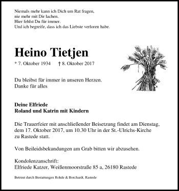 Traueranzeige von Heino Tietjen von Nordwest-Zeitung
