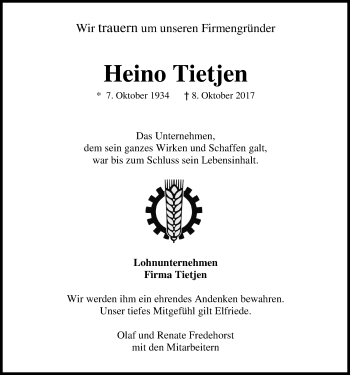 Traueranzeige von Heino Tietjen von Nordwest-Zeitung