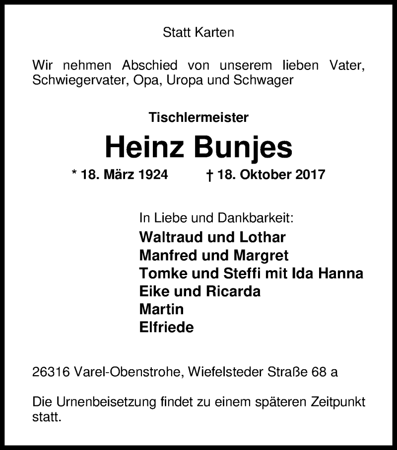  Traueranzeige für Heinz Bunjes vom 21.10.2017 aus Nordwest-Zeitung