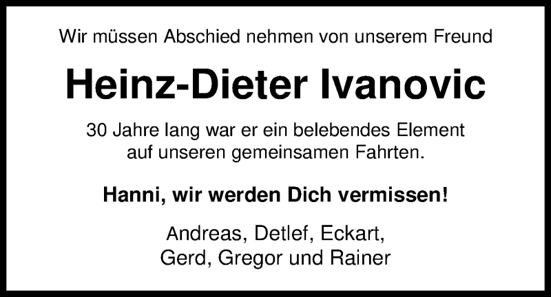  Traueranzeige für Heinz-Dieter Ivanovic vom 12.10.2017 aus Nordwest-Zeitung