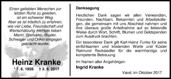 Traueranzeige von Heinz Kranke von Nordwest-Zeitung
