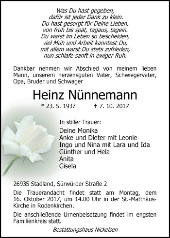Traueranzeige von Heinz Nünnemann von Nordwest-Zeitung