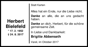 Traueranzeige von Herbert Bielefeld von Nordwest-Zeitung