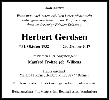 Traueranzeige von Herbert Gerdsen von Nordwest-Zeitung