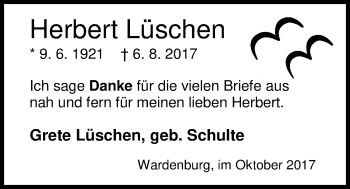 Traueranzeige von Herbert Lüschen von Nordwest-Zeitung