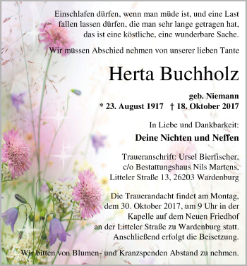 Traueranzeige von Herta Buchholz von Nordwest-Zeitung