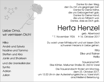 Traueranzeige von Herta Henzel von Nordwest-Zeitung