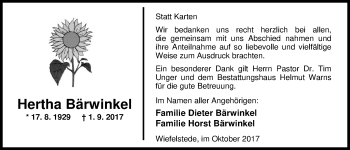 Traueranzeige von Hertha Bärwinkel von Nordwest-Zeitung