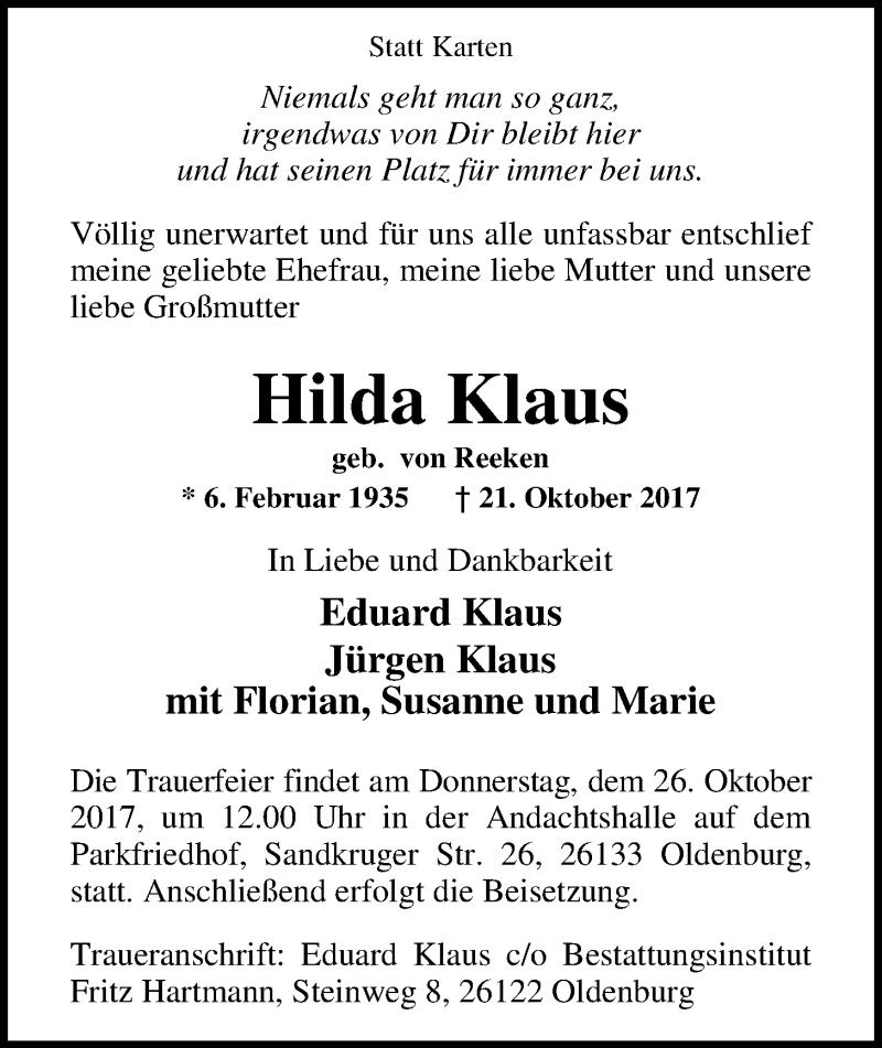  Traueranzeige für Hilda Klaus vom 24.10.2017 aus Nordwest-Zeitung