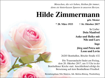 Traueranzeige von Hilde Zimmermann von Nordwest-Zeitung