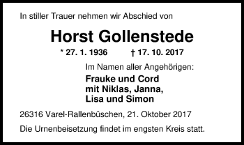 Traueranzeige von Horst Gollenstede von Nordwest-Zeitung
