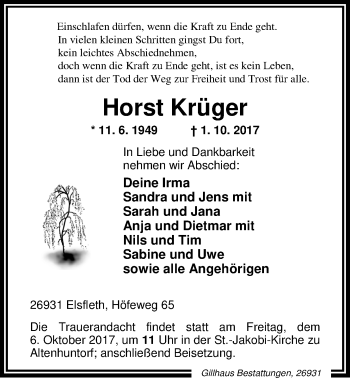 Traueranzeige von Horst Krüger von Nordwest-Zeitung