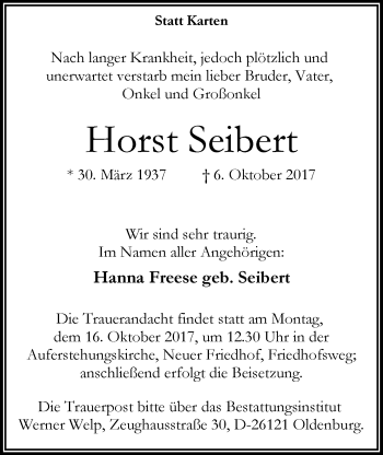 Traueranzeige von Horst Seibert von Nordwest-Zeitung