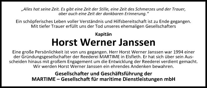  Traueranzeige für Horst Werner Janssen vom 24.10.2017 aus Nordwest-Zeitung
