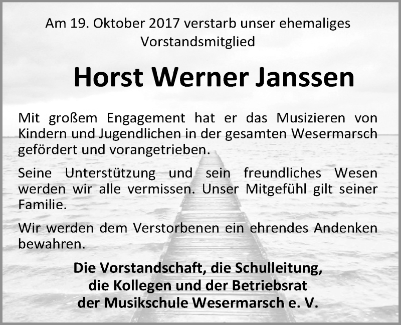  Traueranzeige für Horst Werner Janssen vom 23.10.2017 aus Nordwest-Zeitung