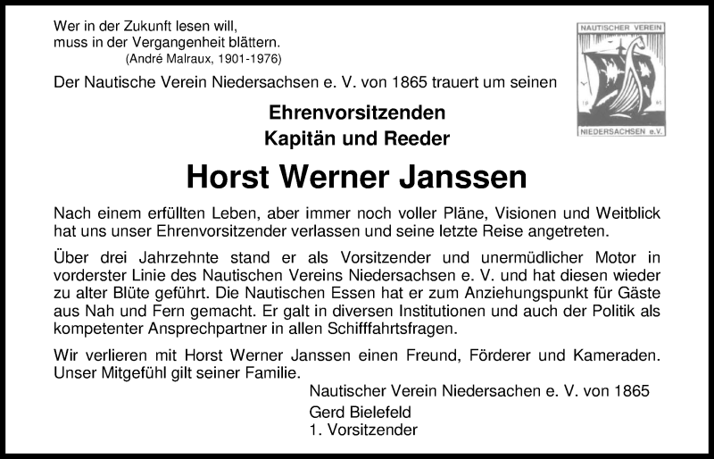  Traueranzeige für Horst Werner Janssen vom 23.10.2017 aus Nordwest-Zeitung