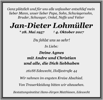 Traueranzeige von Jan-Dieter Lohmüller von Nordwest-Zeitung