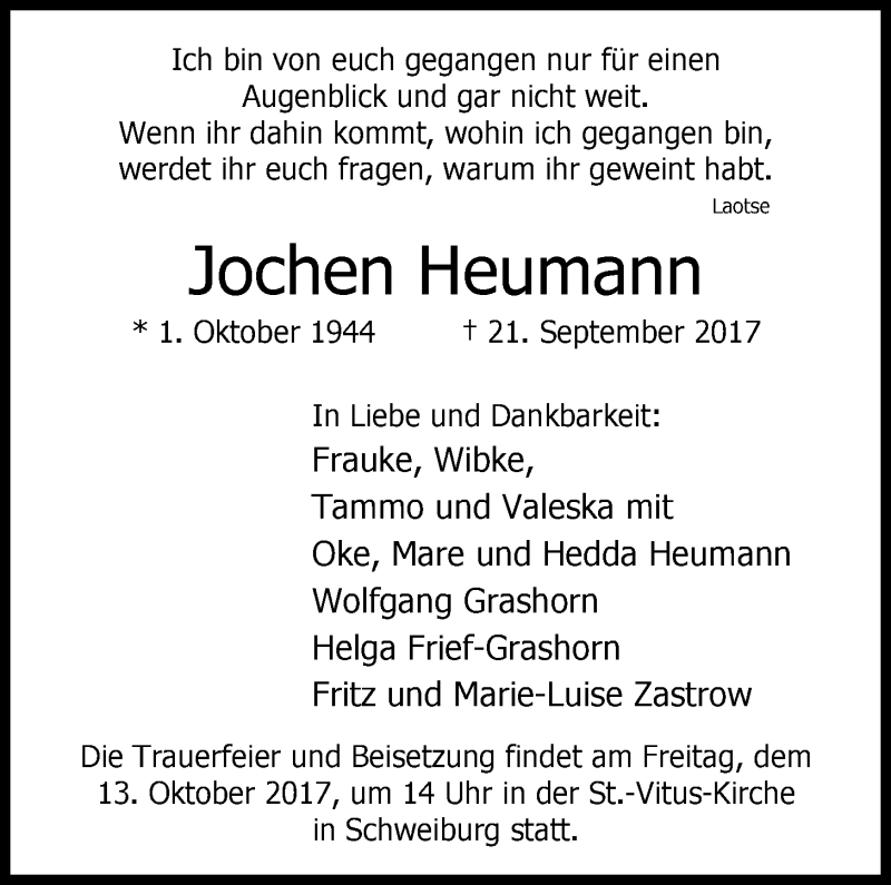  Traueranzeige für Jochen Heumann vom 04.10.2017 aus Nordwest-Zeitung