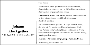 Traueranzeige von Johann Klockgether von Nordwest-Zeitung