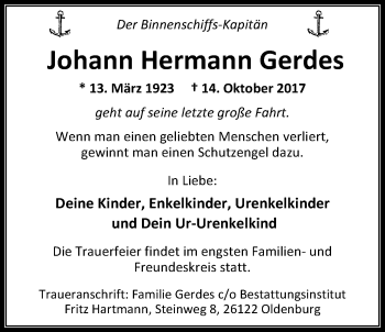 Traueranzeige von Johann Hermann Gerdes von Nordwest-Zeitung