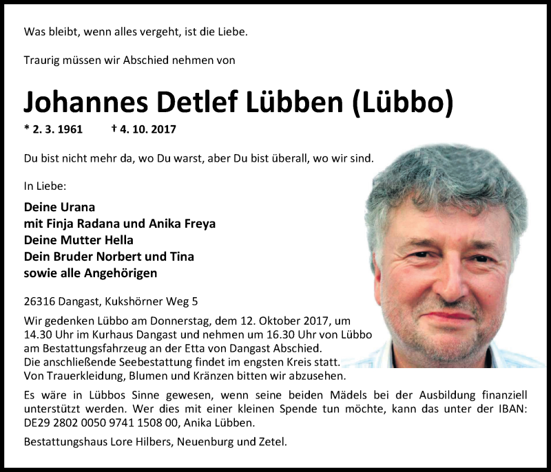  Traueranzeige für Johannes Detlef Lübben vom 07.10.2017 aus Nordwest-Zeitung