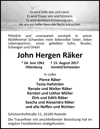 Traueranzeige von John Hergen Räker von Nordwest-Zeitung
