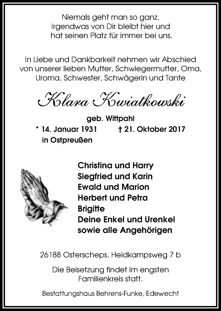  Traueranzeige für Klara Kwiatkowski vom 24.10.2017 aus Nordwest-Zeitung